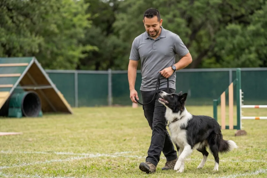 Dog trainer conducting obedience training